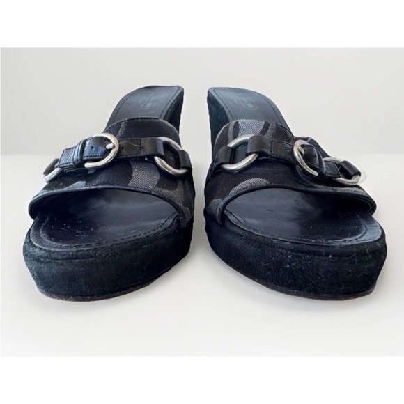 Vintage 90s Y2K COACH Chrissie Velour Wedge Platform Heels Sandals Monogram 9 - Picture 4 of 10